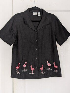 Kim Rodgers Linen Short Sleeve Button Up Women's M Black Flamingo Embroidered